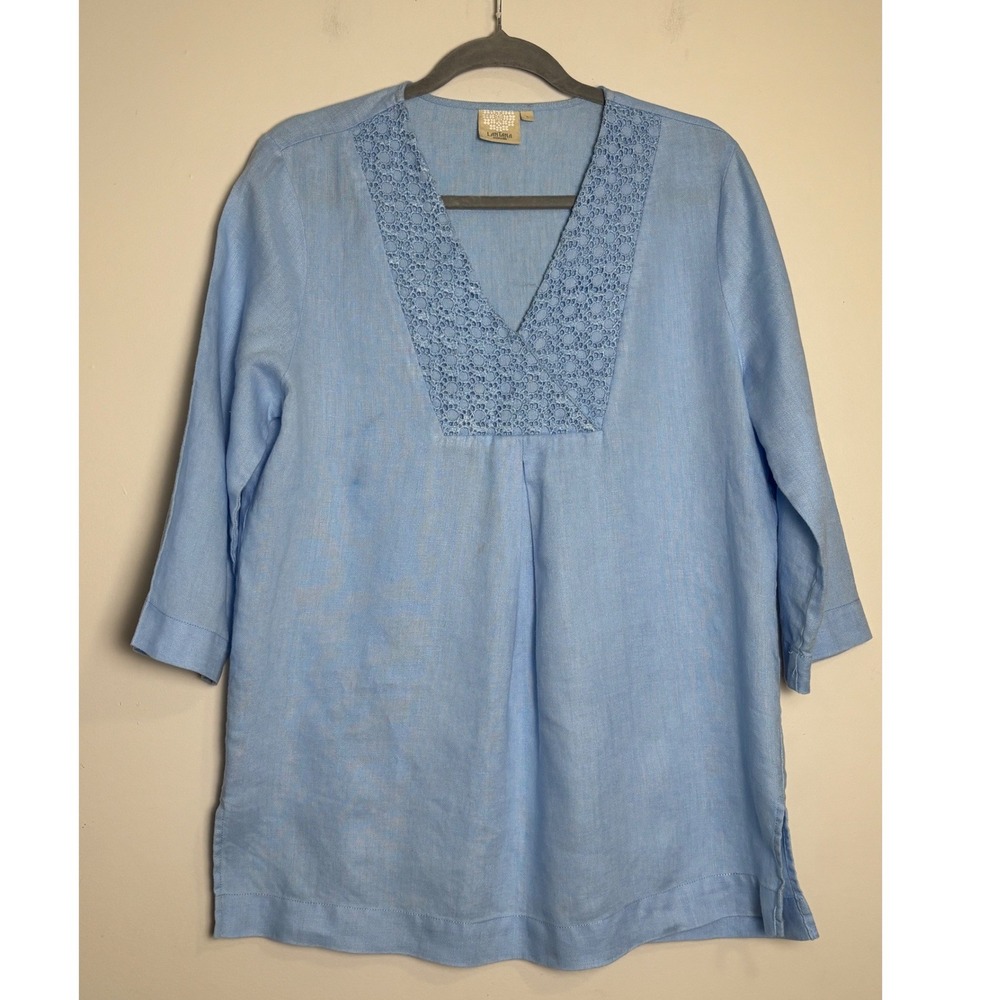 Lantana Womens Linen Tunic Top Large Crochet Lace V-Neck 3/4 Sleeve Coastal